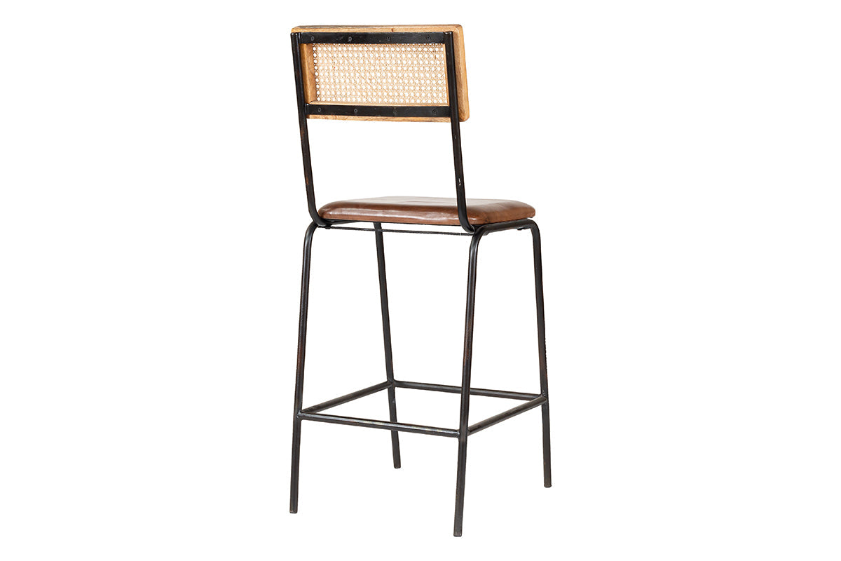 Chaise de comptoir Iswa en cuir et rotin - Beige vieilli