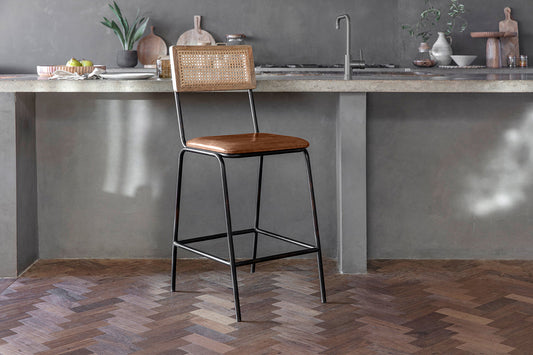 Chaise de comptoir Iswa en cuir et rotin - Beige vieilli