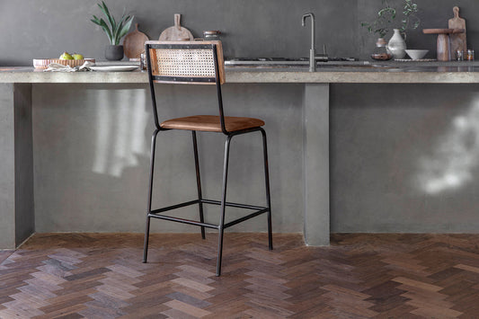 Chaise de comptoir Iswa en cuir et rotin - Beige vieilli