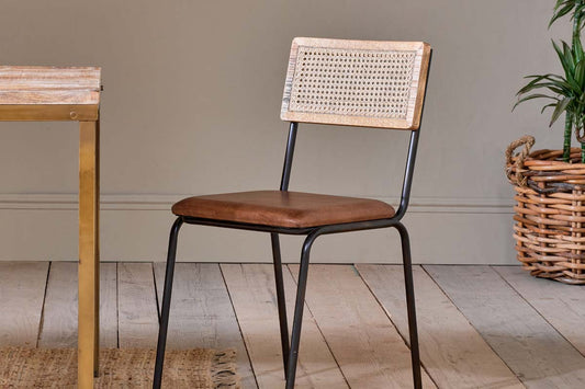 Chaise de salle à manger Iswa en cuir et rotin - Beige