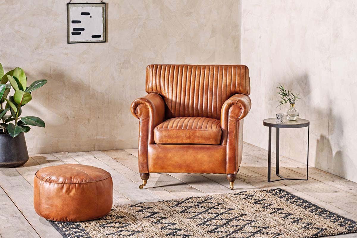 Pouf en cuir Nadu - Teinte vieillie