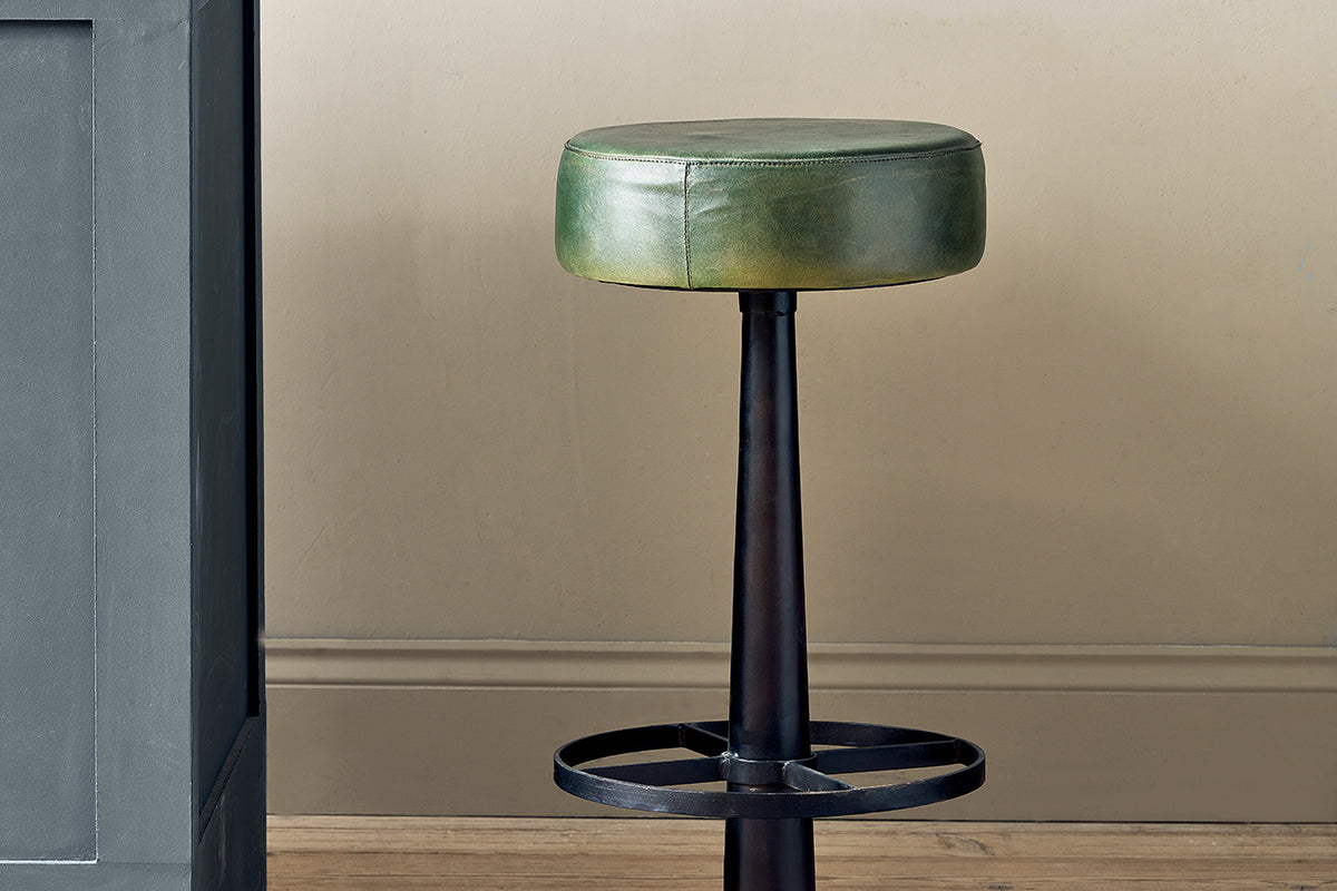 Tabouret rond en cuir Narwana - Vert foncé