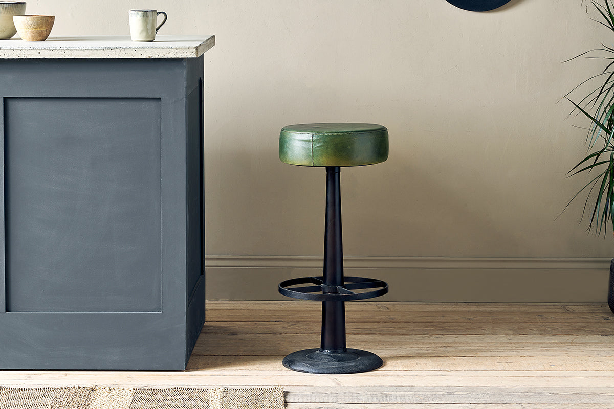 Tabouret rond en cuir Narwana - Vert foncé