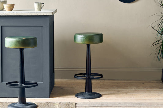 Tabouret rond en cuir Narwana - Vert foncé
